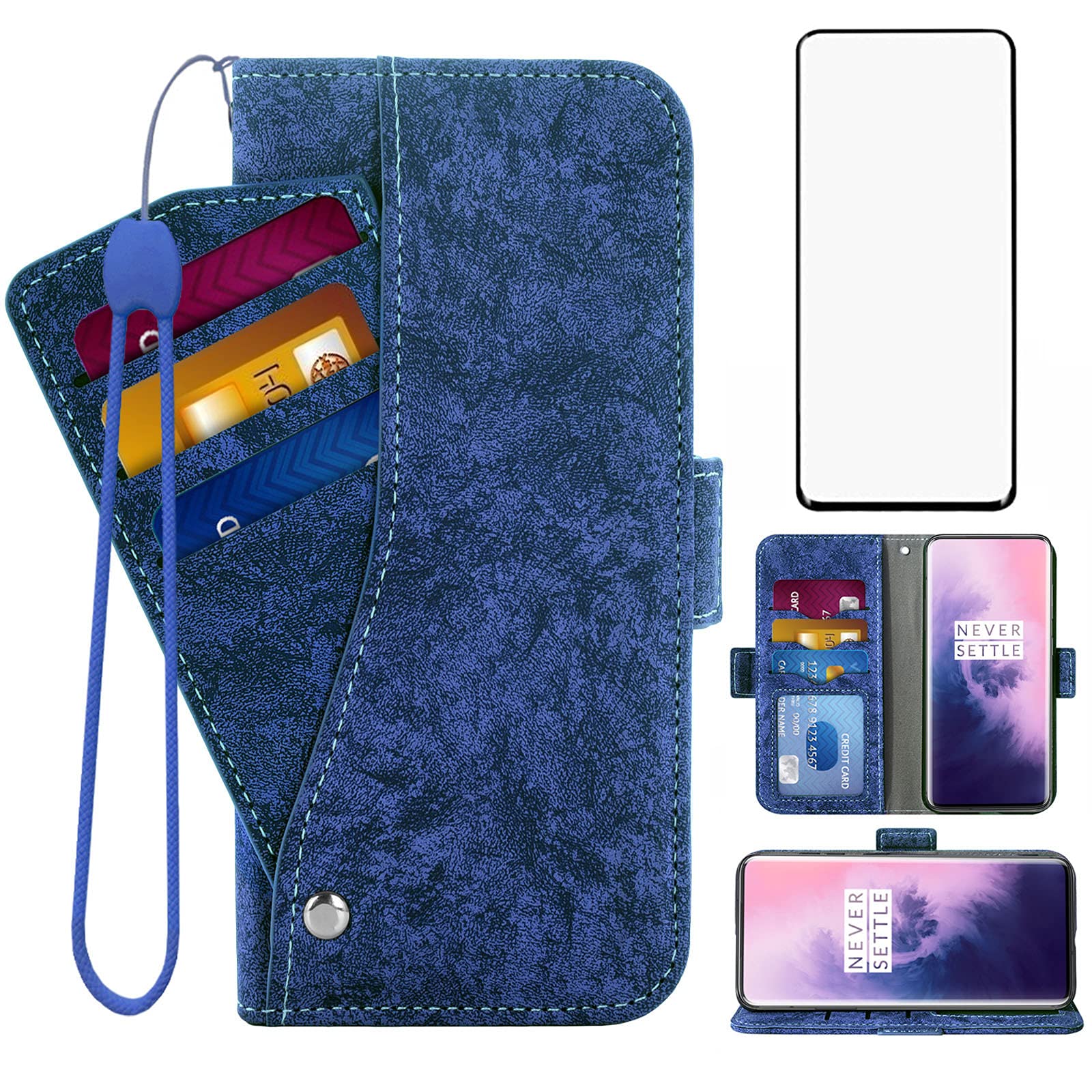 Asuwish Compatible with OnePlus 7T Pro OnePlus7TPro 5G Mclaren Edition Wallet Case Tempered Glass Screen Protector Card Holder Stand Kickstand Flip Phone Cases for One Plus 7TPro 1Plus 1 + 1+ Blue