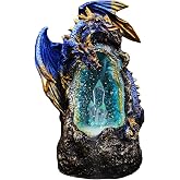 Fantasy Gifts Blue Dragon LED Crystal Geode Backflow Burner | Illuminated Dragon Waterfall Décor Accent with Color-Changing LED for Meditation & Fantasy Home Décor