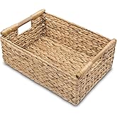 SODAANUS Large Rectangular Wicker Basket - Premium Water Hyacinth Storage Basket with Built-in Wooden Handles for Home Organization, Shelf Organizer, Decorative Natural Handwoven Basket 15.5x10.8x6.2"