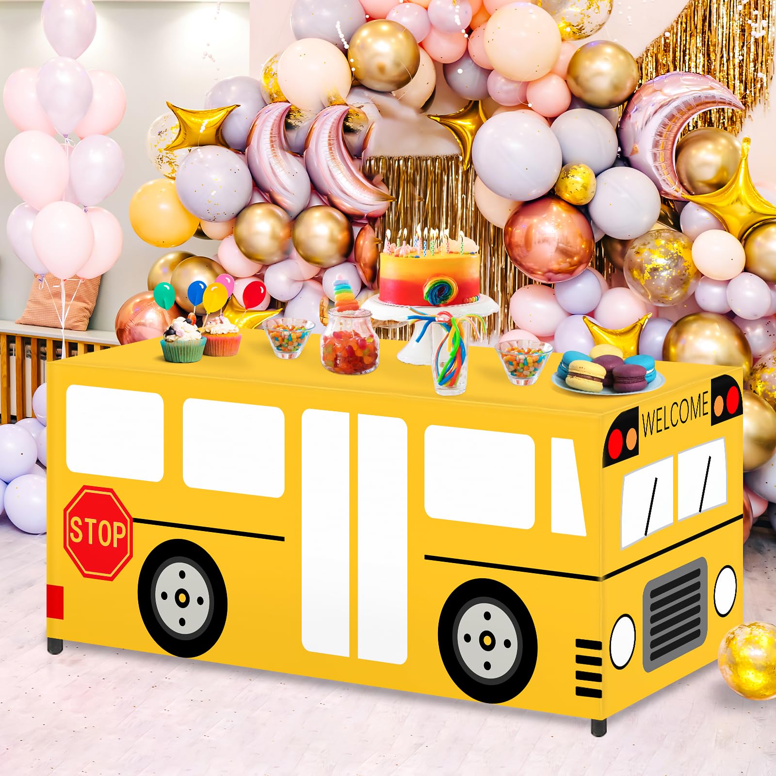 Photo 1 of School Bus Decorations, 6 FT Large Back to School Table Cloth, First Day of School Decorations Tablecloth, Yellow School Bus Theme Decor Table Cover and Backdrop for Birthday Party Favor