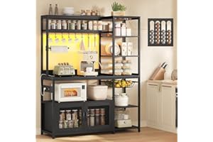 UPOSOJA 47.2 in Bakers Rack with Power Outlet & LED Light, Coffee Bar with Coffee Pod Holder for Vetuo, Kitchen Microwave Stand with Storage Shelves, Paper Holder, Cabinet, Wire Basket, 8 Hooks (Black)