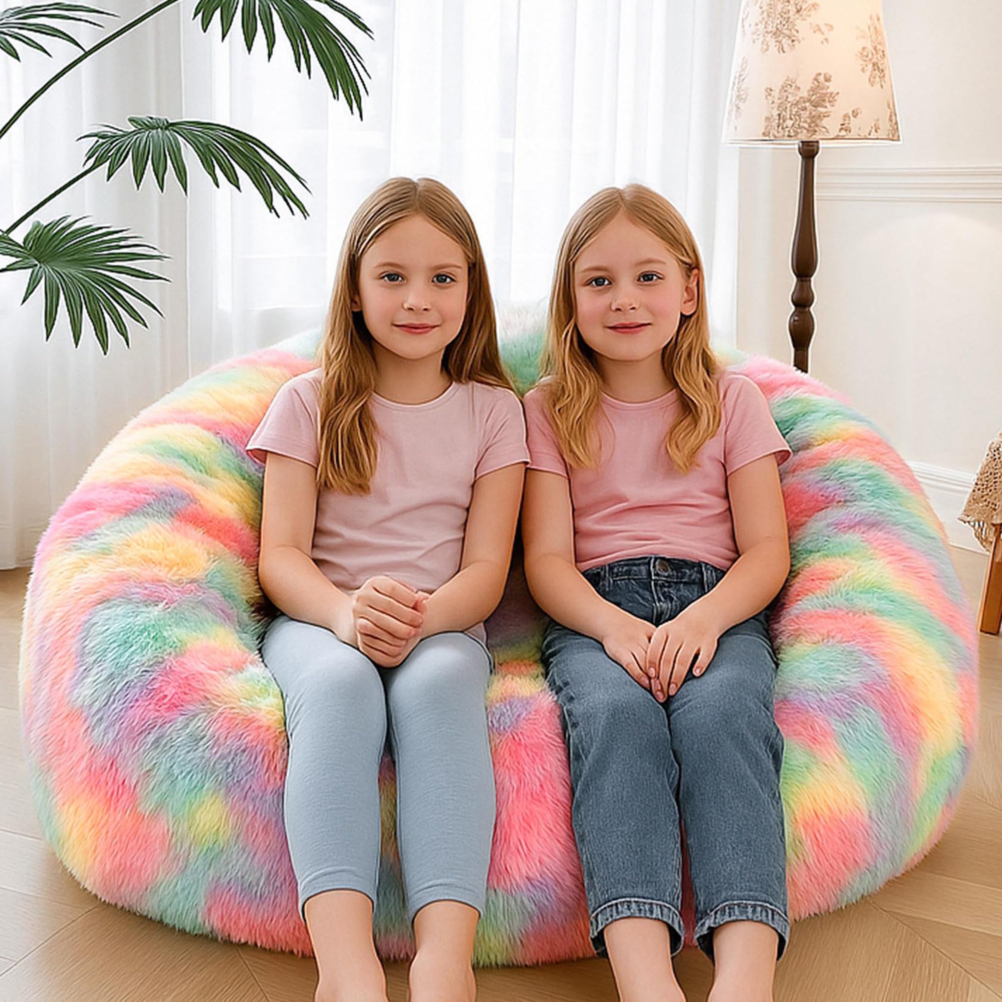 Photo 1 of MEGO 5FT Giant Faux Fur Bean Bag Chair Cover (No Filler), Soft Comfy Lazy Sofa Bed Cover Adults Girls, Anti-Slip Washable Furry Stuffed Animal Beanbag Storage for Living Room Bedroom, Rainbow