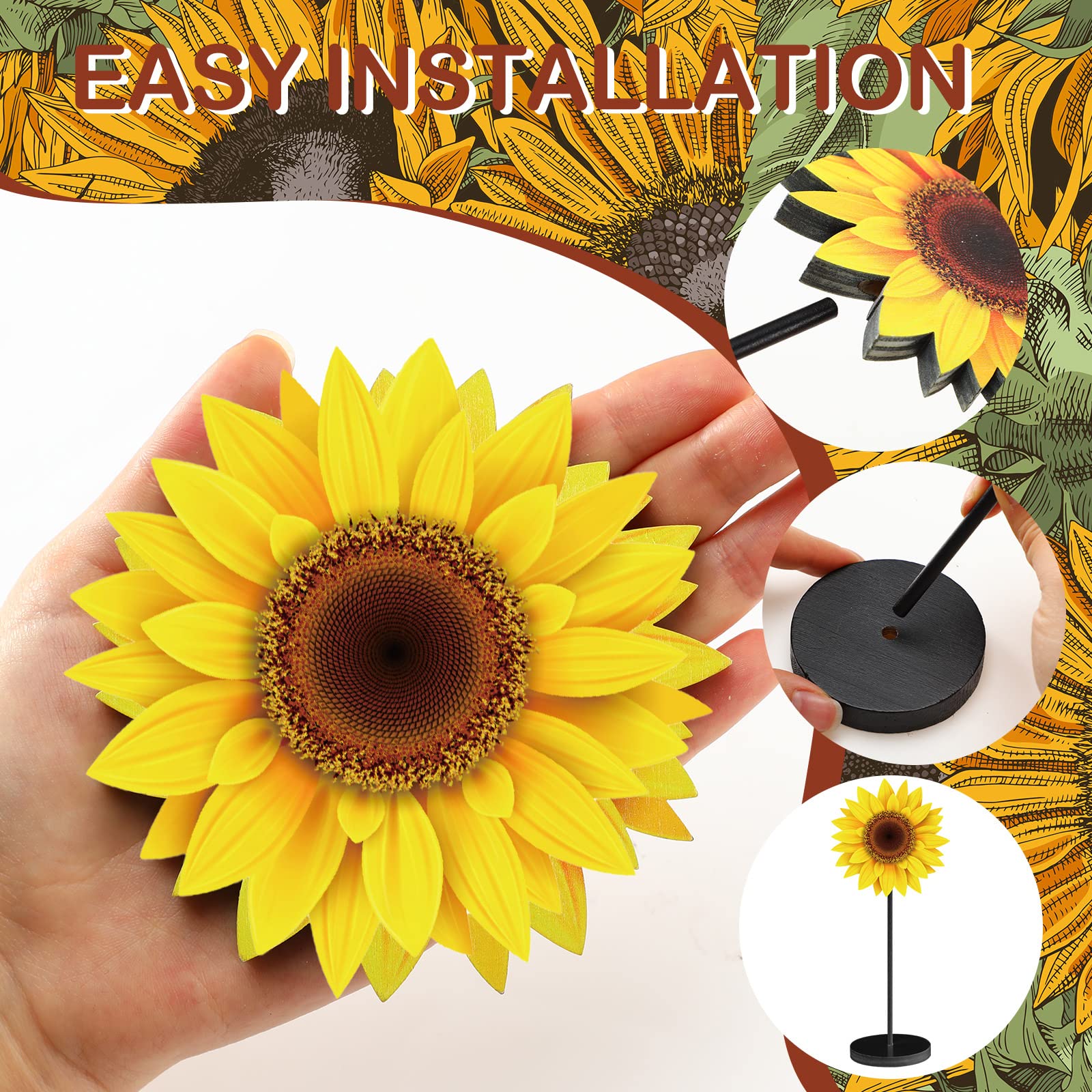 Maitys 3 Pcs Spring Table Decor Summer Sunflower Wood Table Sign Spring Freestanding Butterfly Tabletop for Home Kitchen Rustic Centerpiece Standing Tiered Tray Shelf Decorations(Classic Sunflower)
