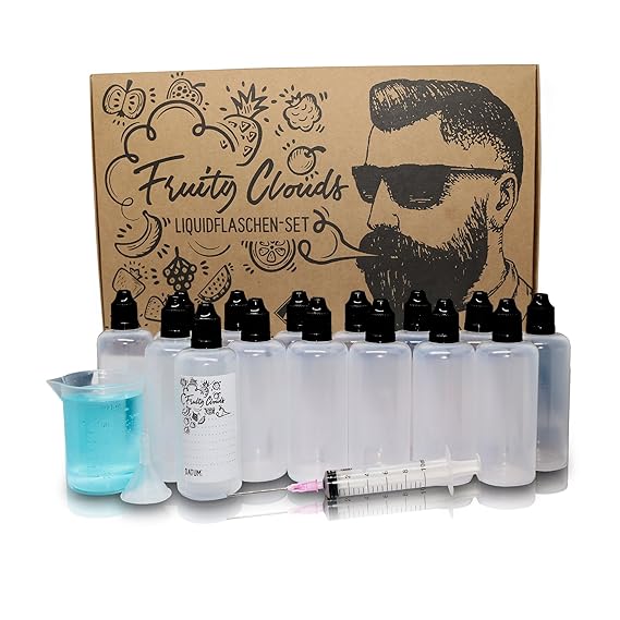 Mazanis 15 x 100 ml Liquid Flasche im Set mit 100 ml Messbecher + Trichter + 15 selbstklebenden Etiketten + 10 ml Spitze + Mi