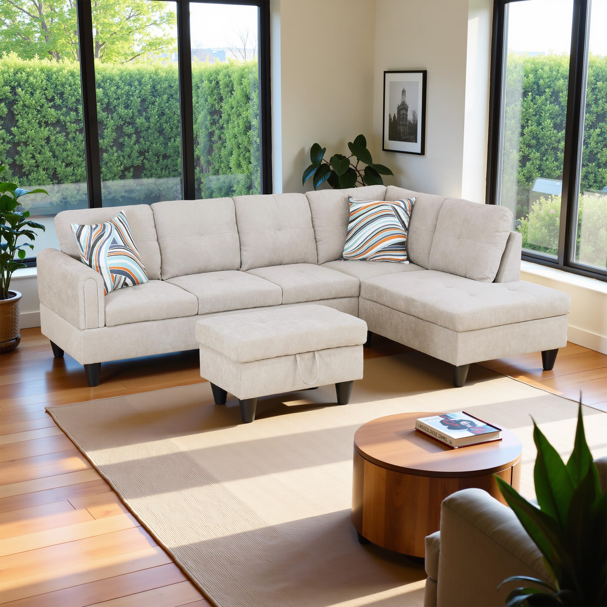 Photo 1 of Lyngins 97" Oversized Sectional Couch, L Shaped Couch with Storage Ottoman, Modern Modular Sofa with Deep Seat, Sectional Couches for Living Room and Office, Light Grey (Fluffy Fabric)