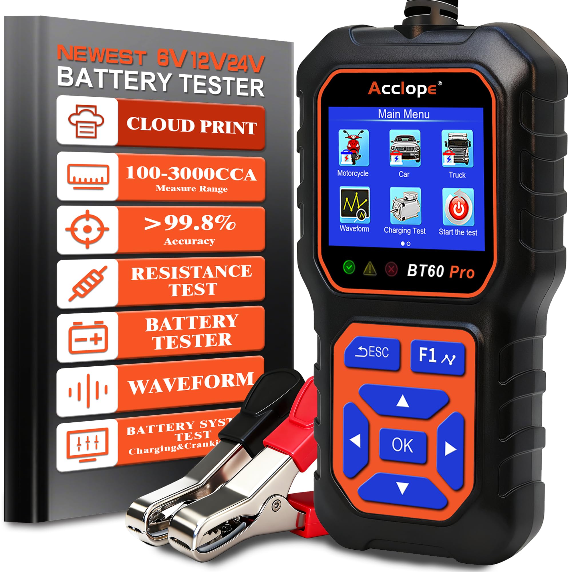Acclope BT60 PRO Car Battery Tester 6V/12V/24V, 2–120Ah, 100–3000 CCA, Alternator & Starter/Charging System Analyzer, Automotive Load Test, QR Cloud Report (No App), for Car Truck Motorcycle Marine/RV Image