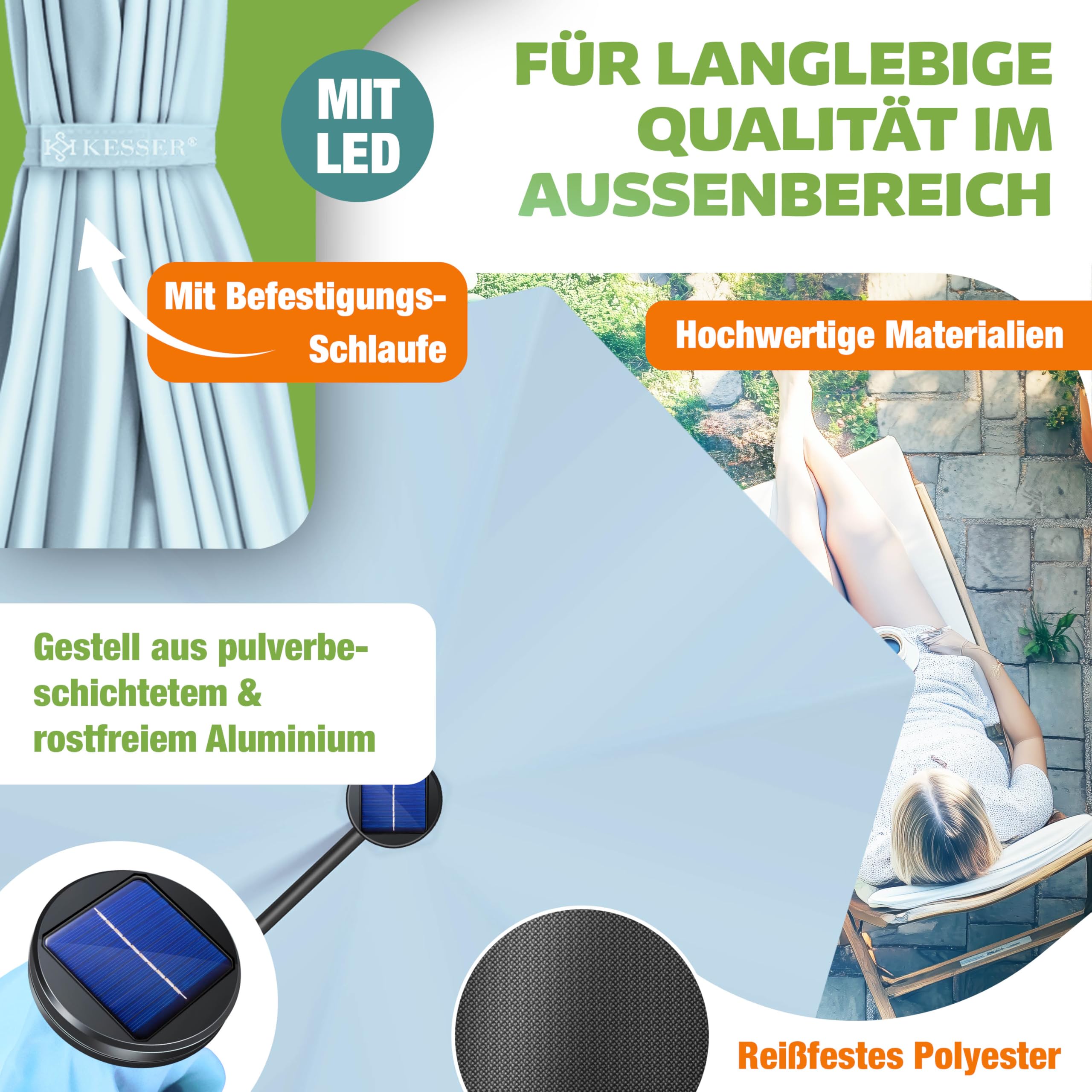 KESSER® Sonnenschirm Solar Ø 300 cm/Ø 350 cm mit LED Beleuchtung, Ampelschirm mit Kurbel, Garten, Sonnenschutz, Gestell & Ständer aus Alu, UV-Schutz, wasserdicht + Windfest, 360° Funktion + Hülle 3