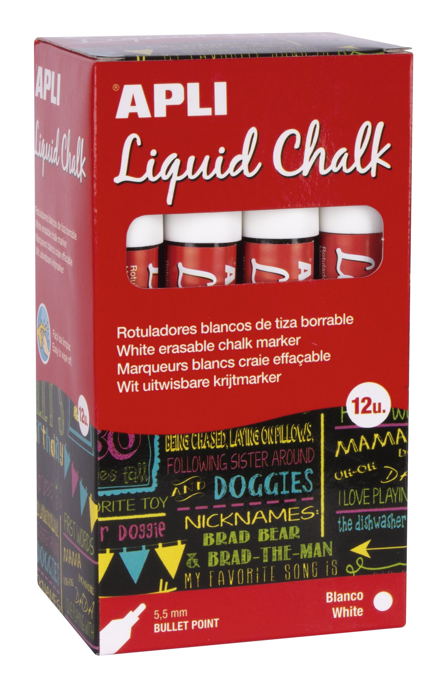 APLI, Erasable Chalk Markers, 5.5mm, Liquid Chalk Round Tip, White