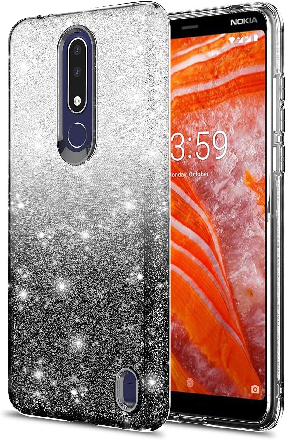 GORGCASE Case Designed for Nokia 3.1 Plus, Nokia 3.1+, Slim Cute Sparkle Crystal Gliter Bling Shine 3 Layers Makeup Anti-Scratch Armor Teen Girls Women Shockproof Drop Protective Cover Black