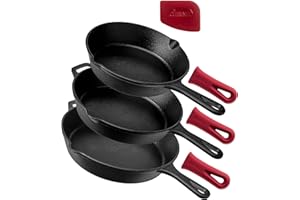 Cuisinel Cast Iron Skillet Set - 8" + 10" + 12"-Inch Pre-Seasoned Frying Pans + Silicone Handle Grip Covers - Use Indoor/Outdoor, Oven, Grill, Stove, BBQ, Fire, Induction - Kitchen/Camping Cookware