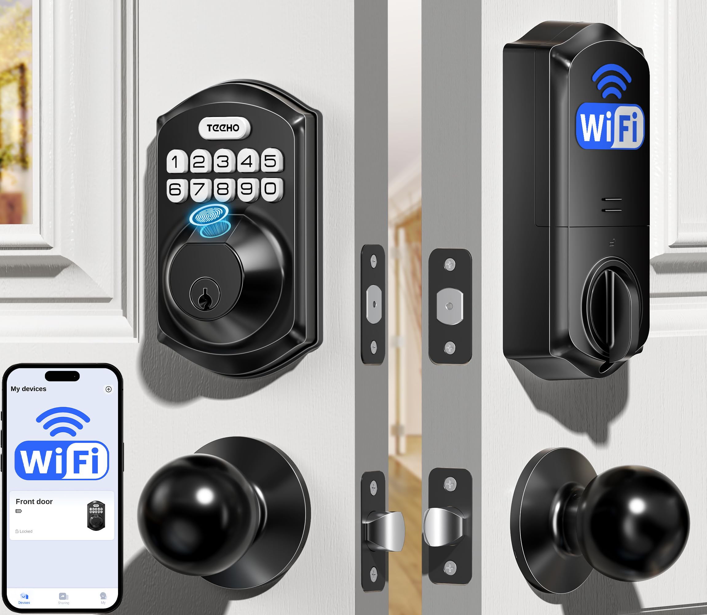 Photo 1 of TEEHO TE012W-K WiFi Smart Keyless Entry Door Lock with Handle, Fingerprint Door Knob & Digital Keypad, APP Remote Control, Works with Alexa & Google, Electronic Deadbolt for Front Door, Matte Black