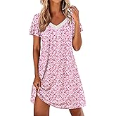 Ekouaer Womens Nightgown Lace Trim V Neck Sleep Shirt Flare Short Sleeve Night Gown Pleated Nightshirt Ladies Nightdress
