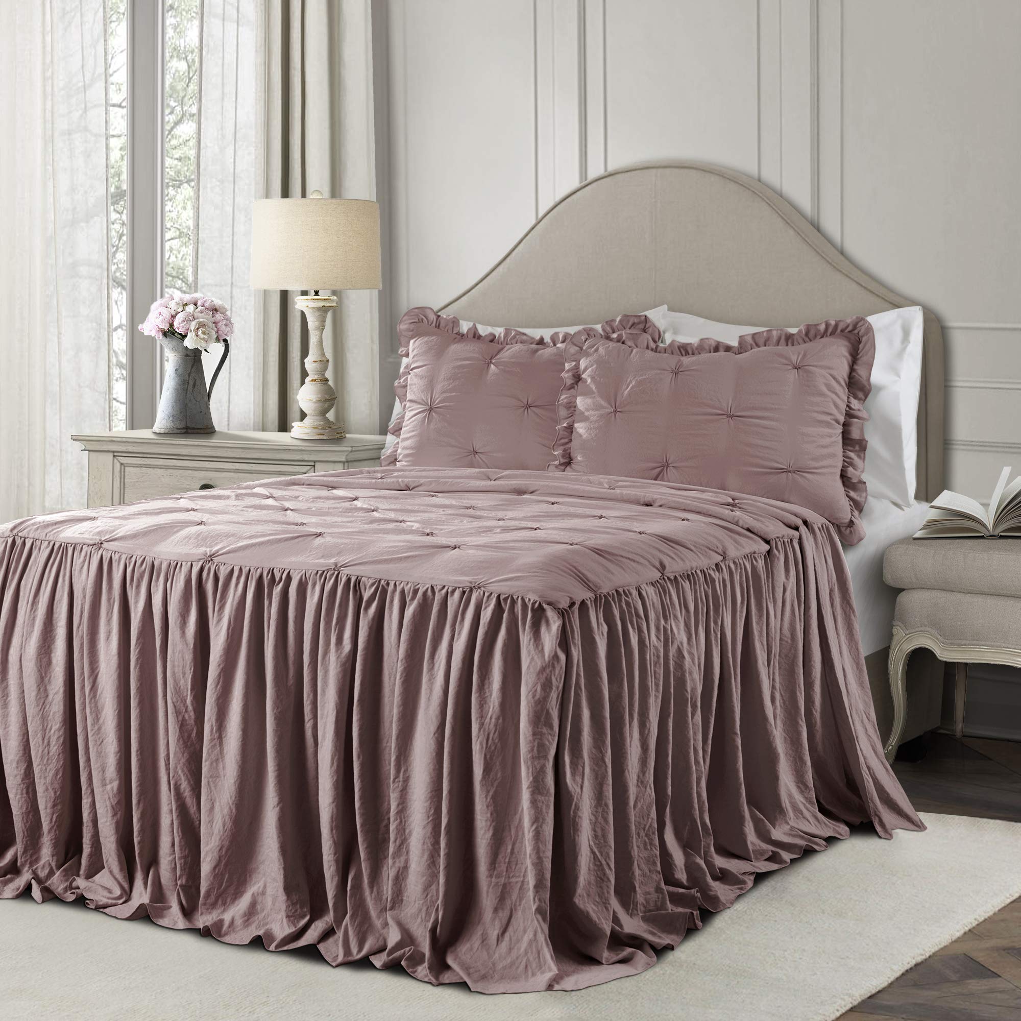 Photo 1 of Lush Decor Ravello Pintuck Ruffle Skirt Bedspread Set - Luxe 3 Piece Ruffled Bedding Set - Traditional Glam & Farmhouse Inspired Bedroom Decor - King, Woodrose