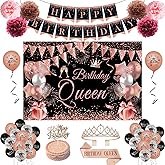 JKIYT Happy Birthday Decorations for Women Girls, Black Rose Gold Birthday Party Decor Include Sash and Crown, Balloons, Banner, Backdrop, Cake Topper & 6pcs Paper Pom Poms (Black rose gold)