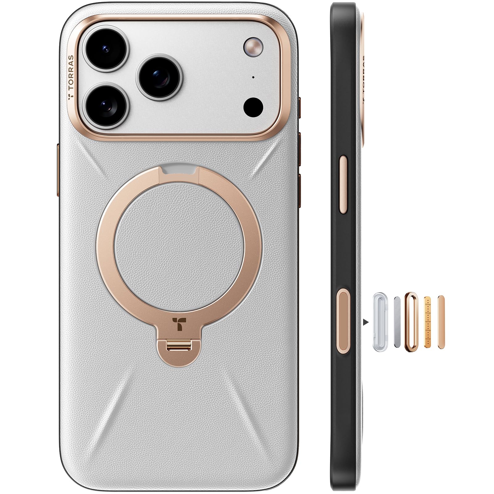 Photo 1 of TORRAS Q3 VegSkin for iPhone 17 Pro Max Case Leather, 360 Spin Magnetic Stand, Fit for MagSafe, Camera Control, Shockproof Premium Organic Silicone Leather Case for iPhone 17 Pro Max, Cloud White