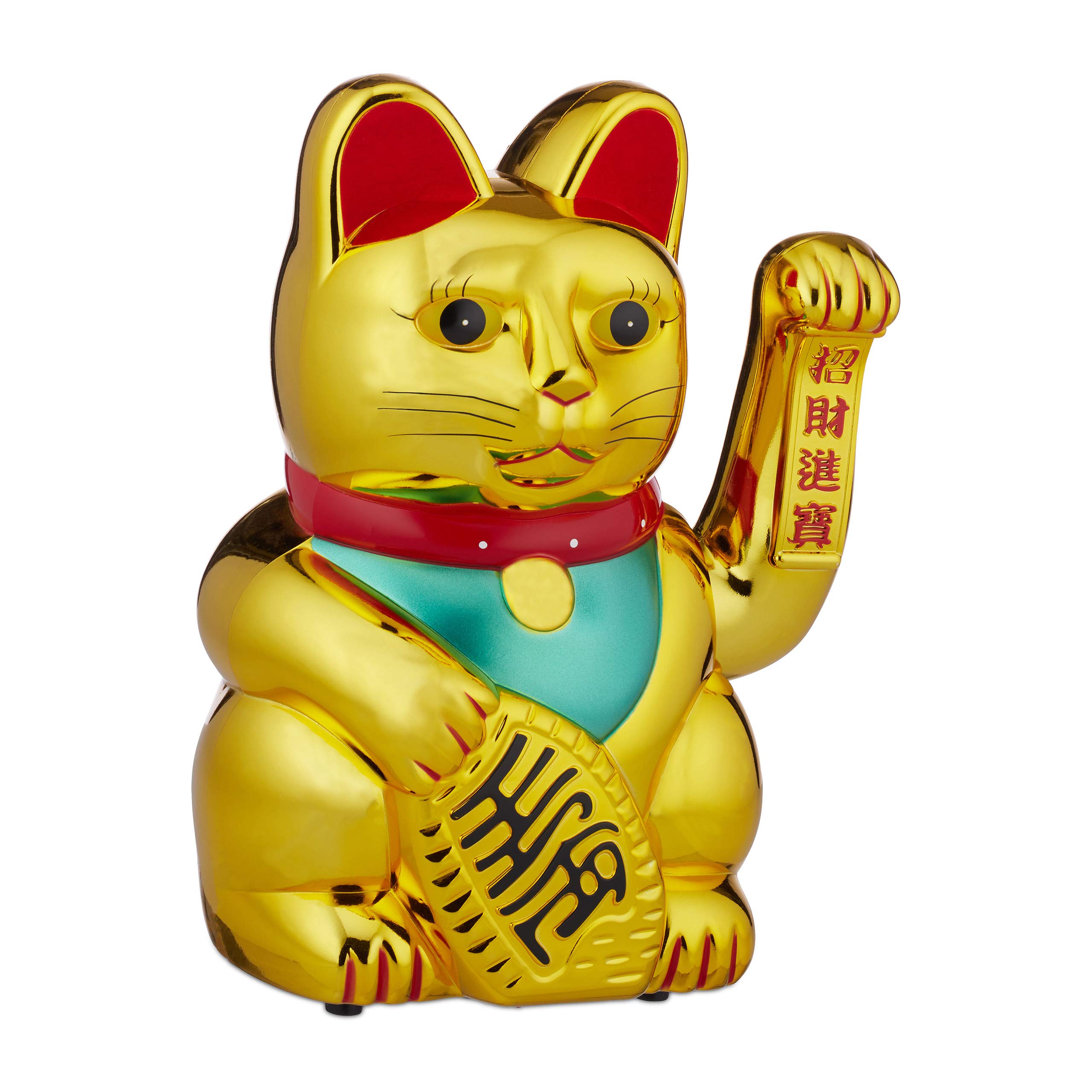 Relaxdays Waving Cat, XL Maneki Neko, Battery-Powered Waving Paw, Fortune Cat, 30 cm, Gold