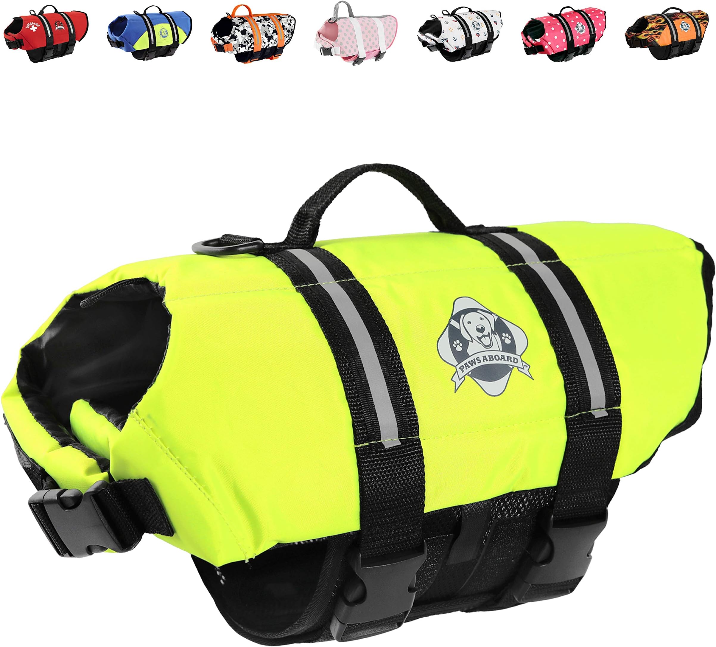 Paws Aboard Dog Life Jacket - Keep Your Canine Safe with a Nylon Life Vest - Designer Life Jackets - Perfect for Swimming and Boating - Neon Yellow, X-Large