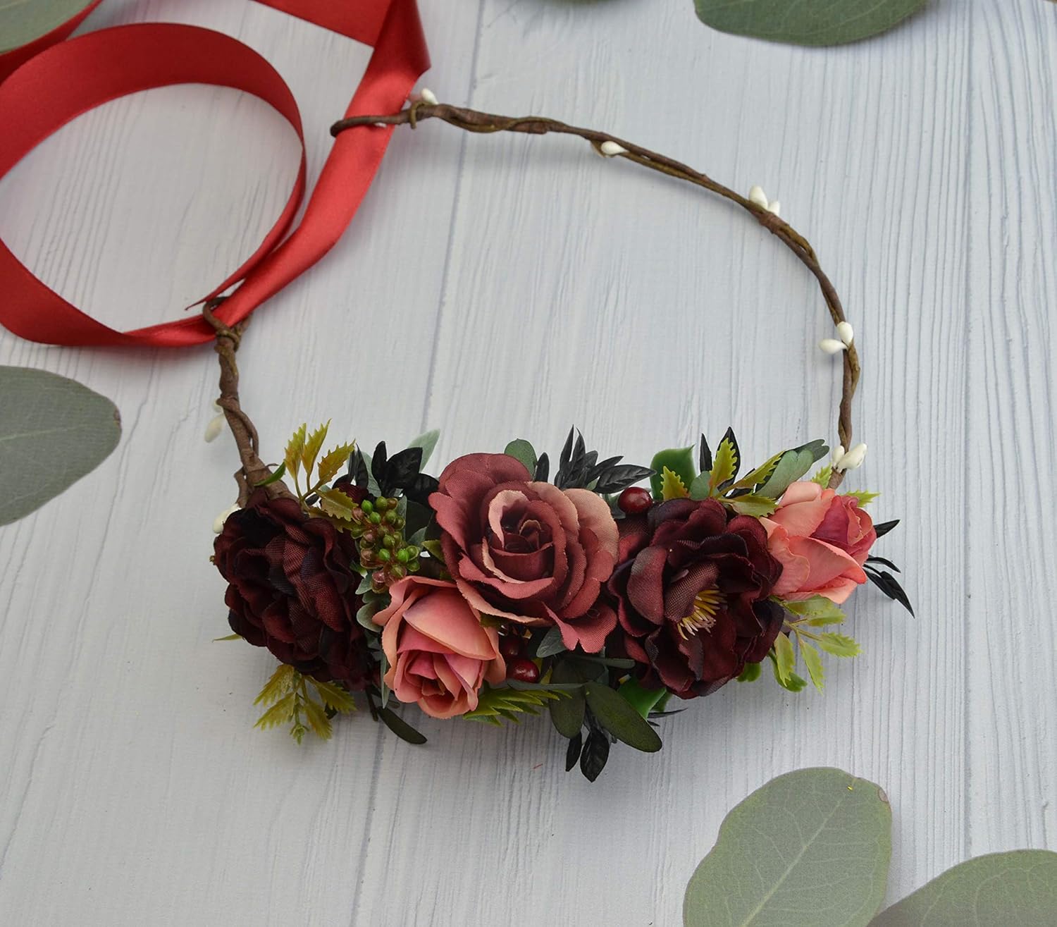 Amazon Com Burgundy Red Flower Crown Wedding Floral Headpiece