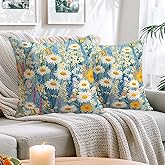 JukaZine Wildflower Daisy Throw Pillow Covers 18x18 Set of 2 | Decorative Cushion Cases for Couch Sofa Bed | Floral Pillowcases Decor for Living Room | Hidden Zipper | Coastal Blue Garden Accent