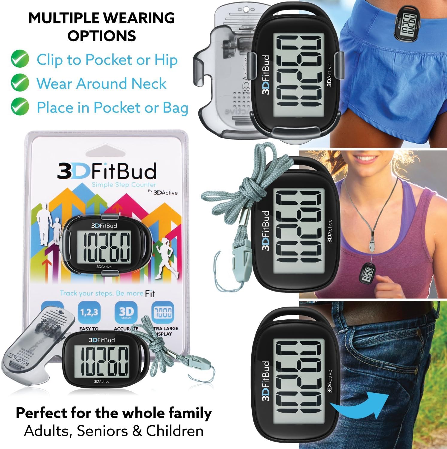 3DFitBud Simple Step Counter Walking 3D Pedometer with Lanyard, A420S (Black with Clip) : Sports & Outdoors