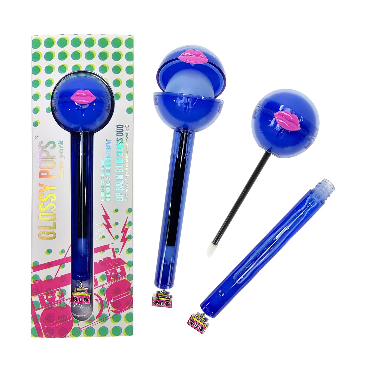 Glossy Pops | Clear Lip Balm and Clear Lip Gloss Combo | Throw Back 80's Collection (Boom Box - Blueberry Scent), 1 count