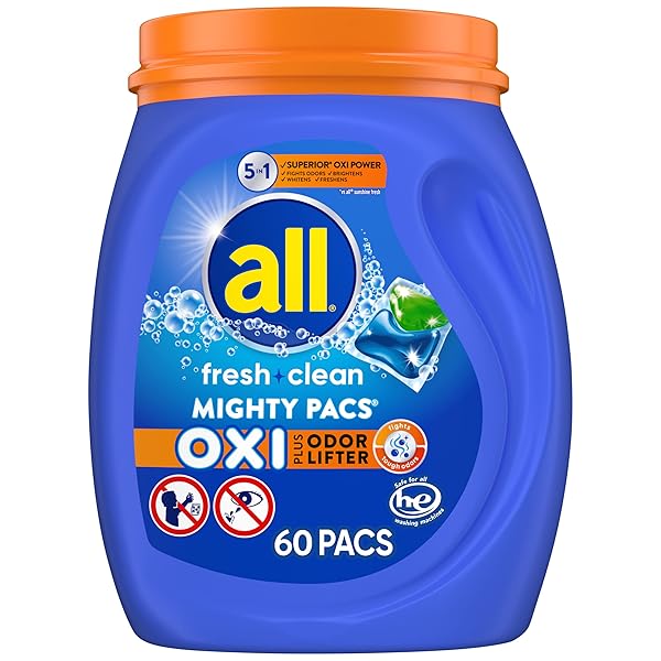 ALL FRESH CLEAN, OXI + ODOR LIFTER, MIGHTY PACS LAUNDRY DETERGENT PACS, 60 COUNT