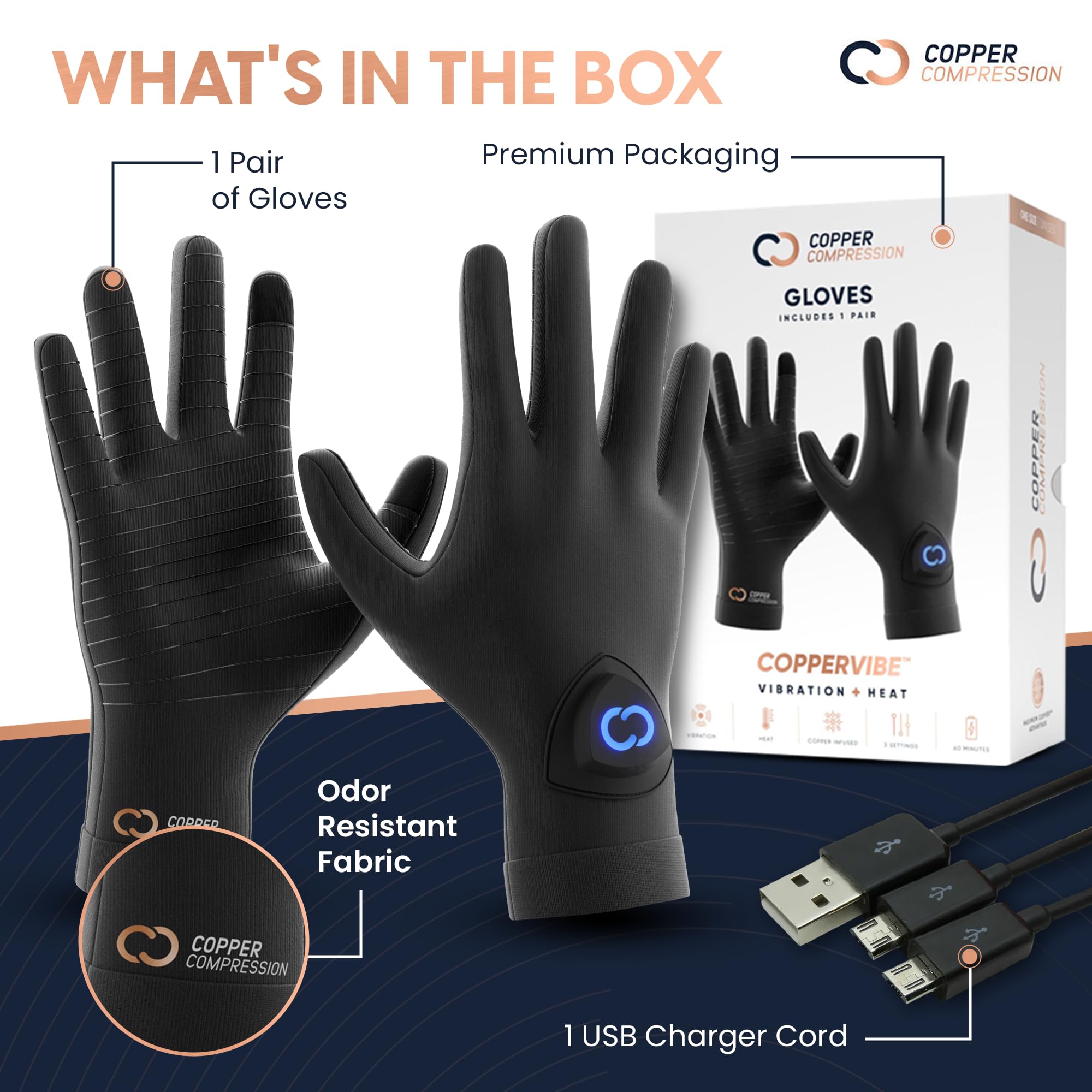 Copper Compression CopperVibe Vibration & Heat Gloves - Heated Hand Massage