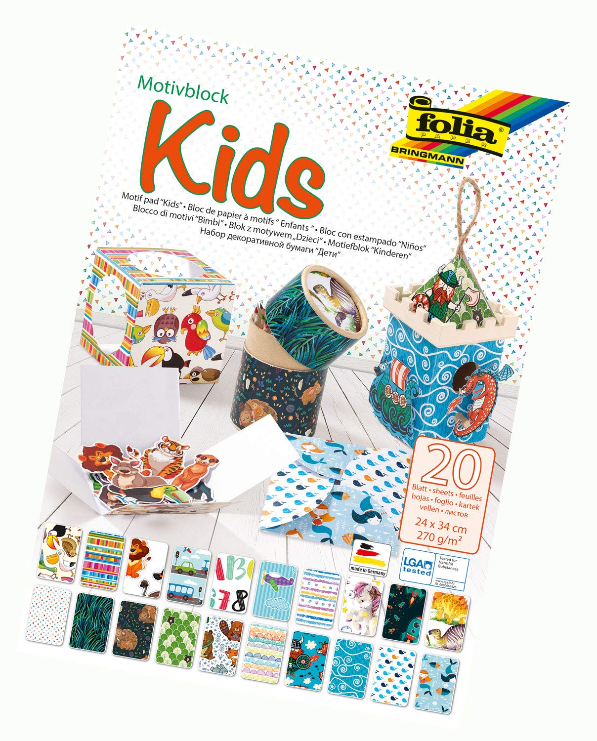 folia 48949 Children's Motif Pad 270 g/m² Approx. 24 x 34 cm 20 Sheets Assorted in 20 Different Designs for Crafts and Creative Design of Cards, Window Pictures and Scrapbooking