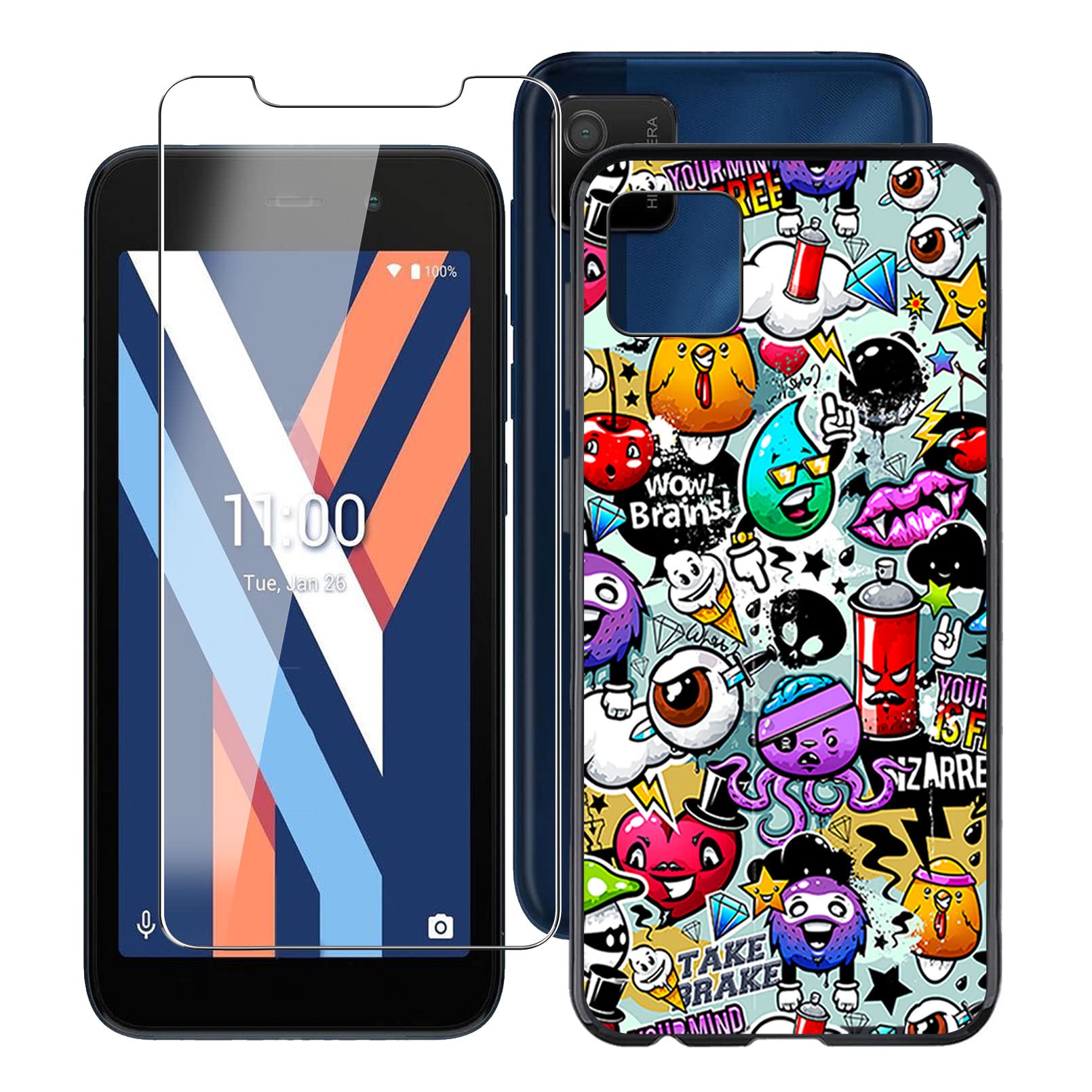 HHUAN Mobile Phone Case for Wiko Y52 (5.00 Inches) + 1 Piece Tempered Glass Screen Protector, Black Soft Silicone Protective Case, Scratch-Resistant TPU Bumper Cover Case for Wiko Y52 - XS40