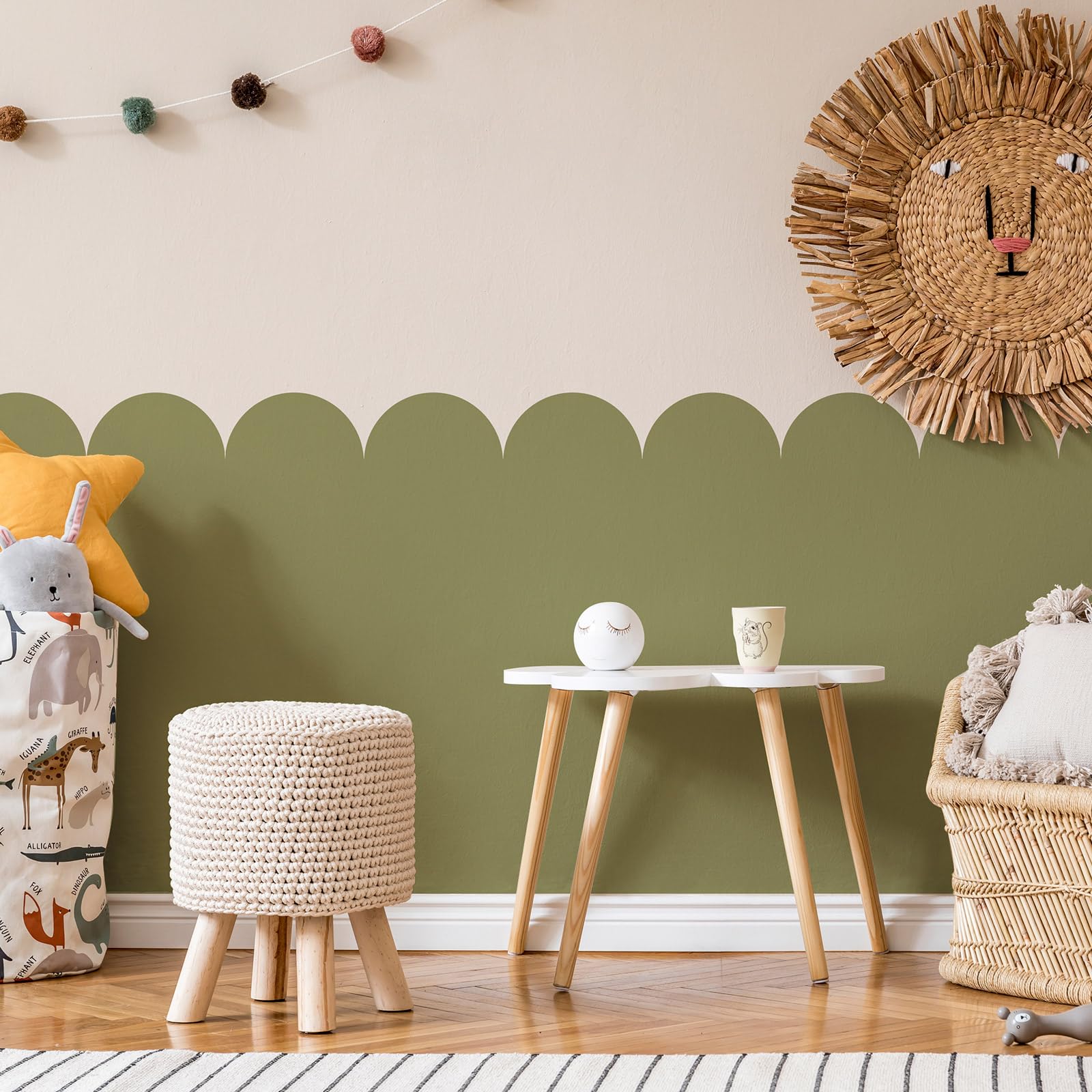 Photo 1 of Fuutreo 6 Pcs 15.7 ft Vinyl Sticky Scallop Stencil for Wall Removable Scallop Edge Paint Border Self Adhesive Wall Stencil for Home Bedroom Living Room Nursery Bohemia DIY Painting Decor