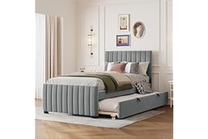 Twin Size Velvet Upholstered Platform Bed with Twin Trundle, No Box Spring Needed, Space Saving Bed Frame with Wood Slat Supp