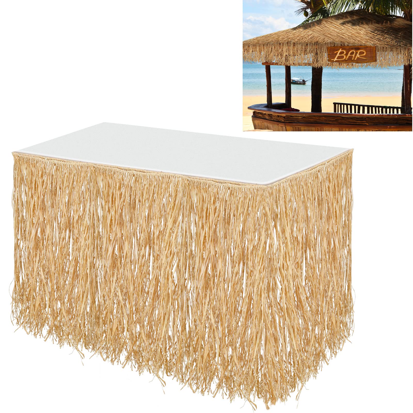 Photo 1 of Tatuo 1 Pack Natural Raffia Table Skirt Luau Hawaiian Skirt Table Grass Beach Fringe Decoration for Tropical Birthday Party Tiki Bar, Chair, Deck, Luau Tropical Hawaiian Party (108 x 30 Inch)