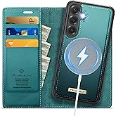 PlusnapX Wallet Case for Samsung Galaxy S25 Compatible with Magsafe, 2-in-1 PU Leather Flip RFID Blocking Card Holder Stand Shockproof Magnetic Detachable Cover for Galaxy S25 Case 6.2", Bluegreen