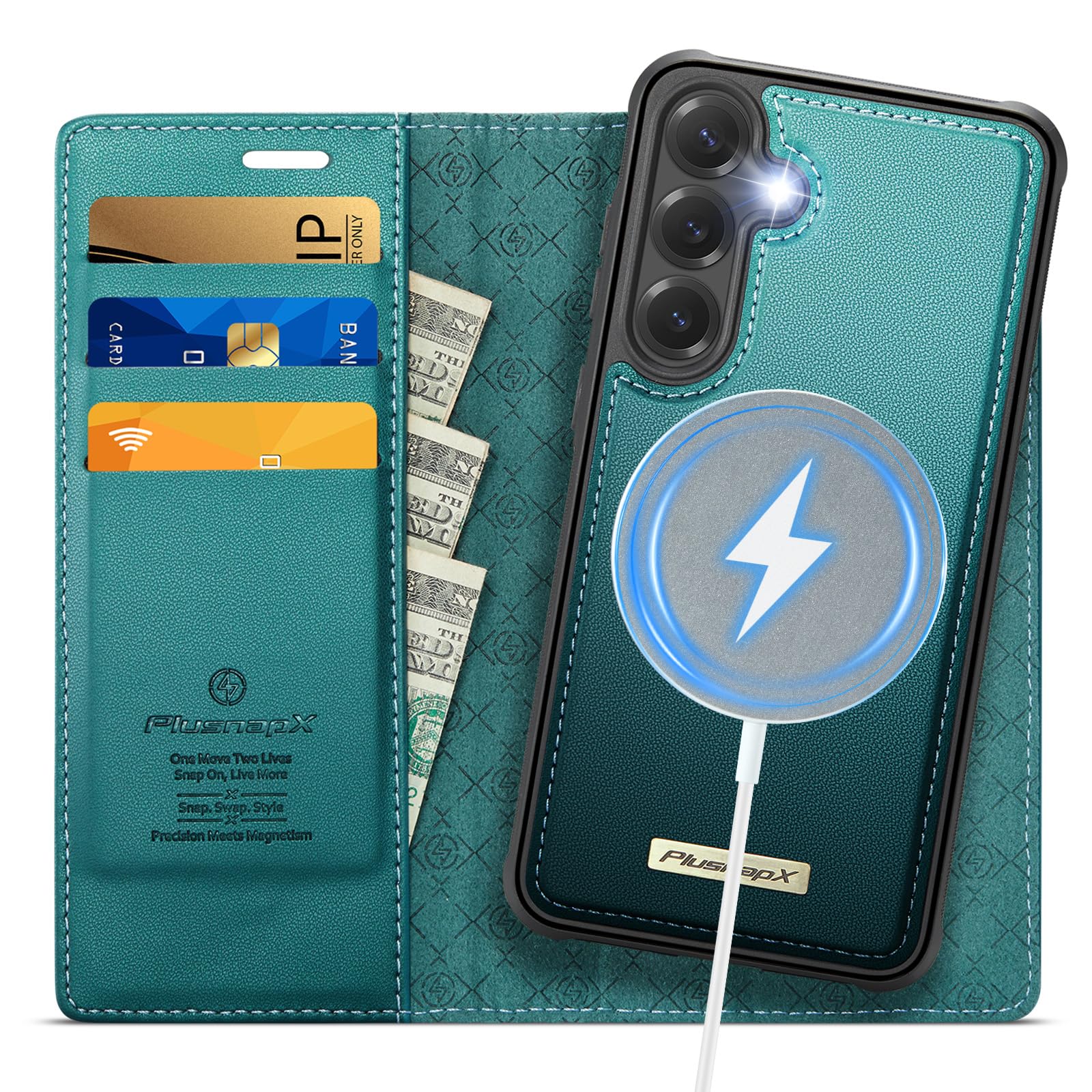 Photo 1 of PlusnapX Wallet Case for Samsung Galaxy S25 Plus Compatible with Magsafe, 2-in-1 PU Leather Flip RFID Blocking Card Holder Stand Shockproof Magnetic Detachable Cover for Galaxy S25 Plus, Bluegreen
