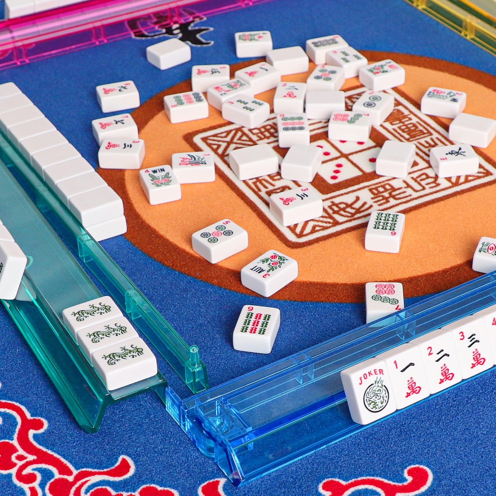 GUSTARIA American Mahjong Game Set, 166 Quality White Tiles, 4 All-in-One Color Rack/Pushers, Complete Mahiong Tile Set Black Printed Carrying Bag
