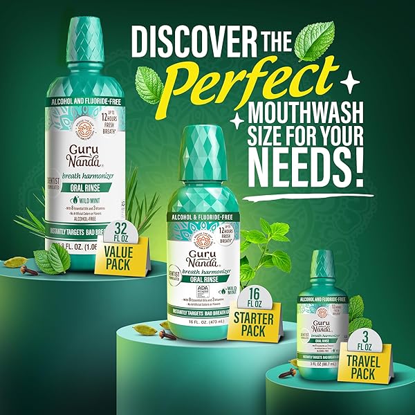 GURUNANDA FRESH BREATH MOUTHWASH, ADA-ACCEPTED, ALCOHOL & FLUORIDE-FREE, SODIUM CHLORITE, ESSENTIAL OILS & VITAMINS, 12-HRS FRESH BREATH, WILD MINT, 33.8 OZ