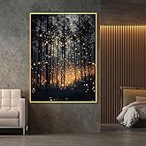 Forest Fireflies Canvas Prints, Enchanted Forest Canvas Wall Art, Dark Forest Wall Art, Black and Gold Canvas Wall Art, Nature Room Decor, Framed Canvas Print, Wall Art for Living Room (Gold Framed, 29"x39"|75x100cm)