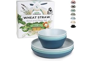 Grow Forward Premium Wheat Straw Plates and Bowls Sets - 8 Unbreakable Microwave Safe Dishes - Reusable Wheat Straw Dinnerware Sets - Plastic Plates and Bowls Alternative for Camping, RV - Seascape