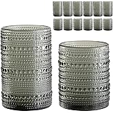 ZMOWIPDL Vintage Glassware Drinking Glasses Set of 12,Grey 12oz & 15oz Hobnail Glass Cups,Embossed Water Tumbler,for Beer,Cocktail,Whiskey,Juice and Various Mixed Drinks- 1 Cleaning Brush