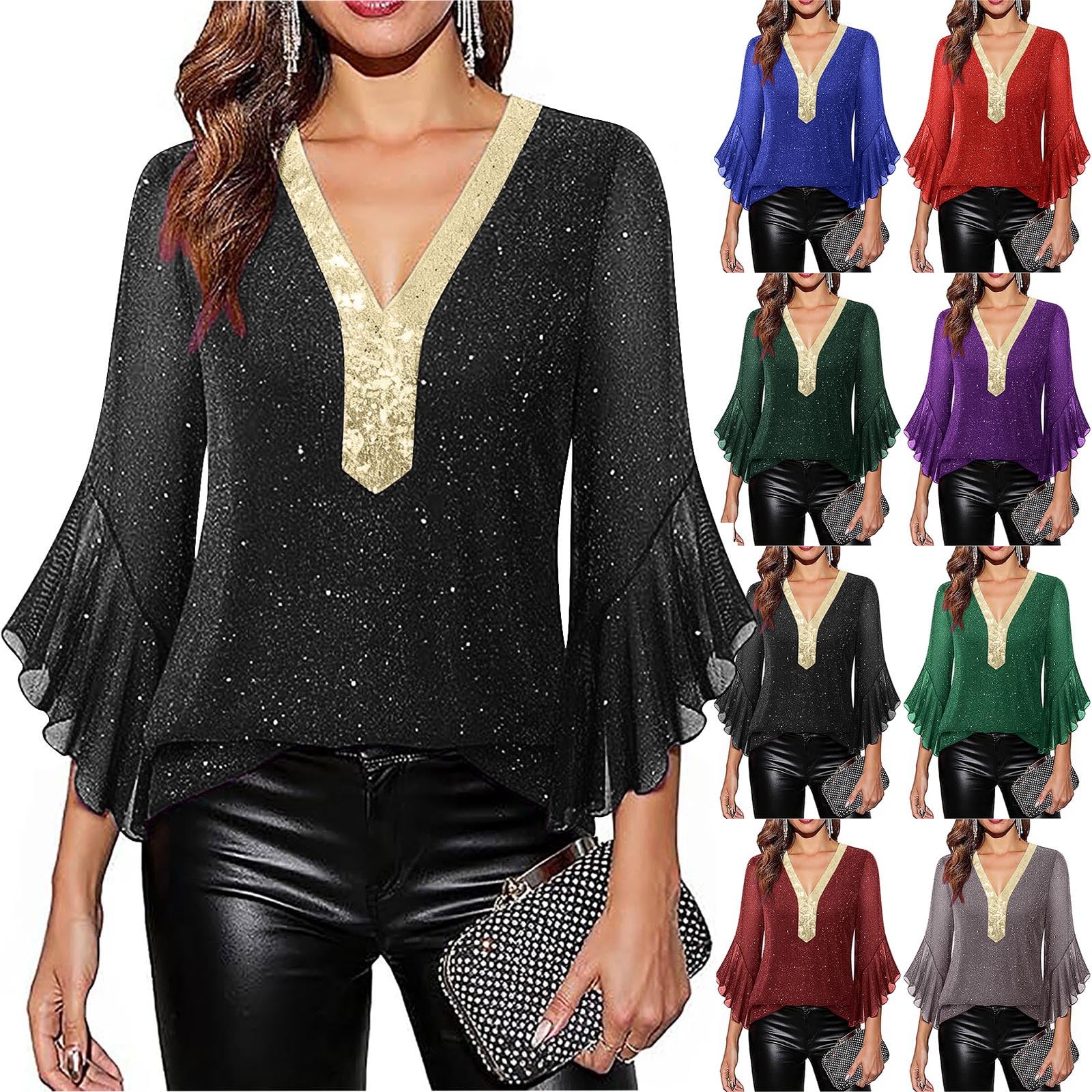 Womens V Neck Sparkly Tops Dressy Ruffle 3/4 Sleeve Blouse Glitter Evening Shirts for Cocktail Party/Christmas/Dinner