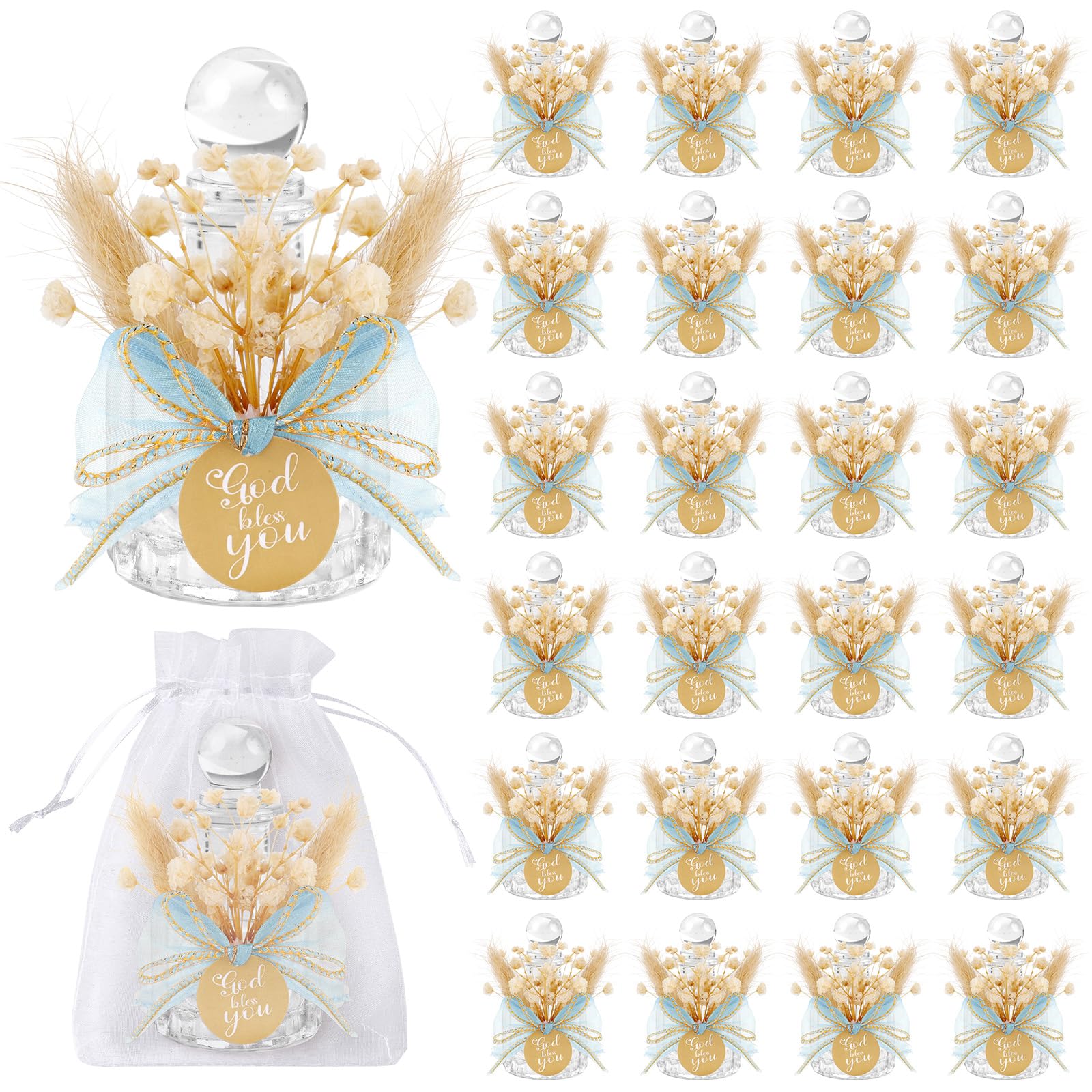 Photo 1 of 24 Set Holy Water Bottles Catholic Bulk Glass Baptism Favors for Guests Christian Water Container with Floral Organza Bags Bow for Holy Communion Gifts Church Wedding Baptism Decor (Blue, 24)