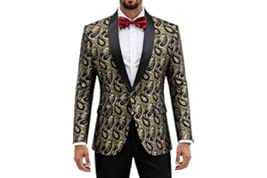 YND Men's Paisley Tuxedo Jacket, One Button Dress Suit Blazer, Floral Coat with Bow Tie for Dinner Party Prom Wedding