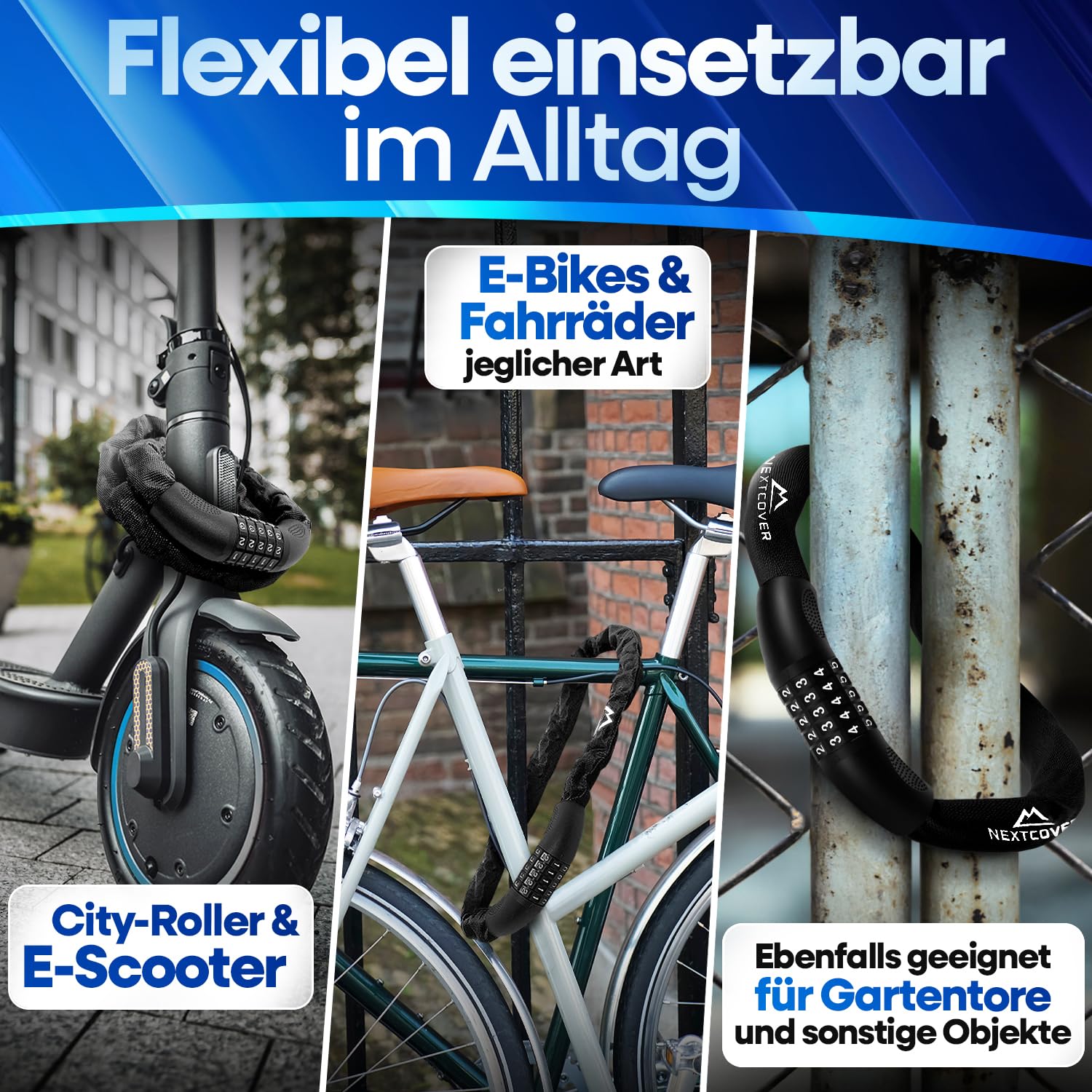 NEXTCOVER® Fahrradschloss mit Zahlencode LockPro - Das Original - [SAFESECURE] hohe Sicherheit I 5- stelliger Zahlencode, Zahlenschloss Fahrrad Stahl I Bike Lock für E-Bike I Kettenschloss 6