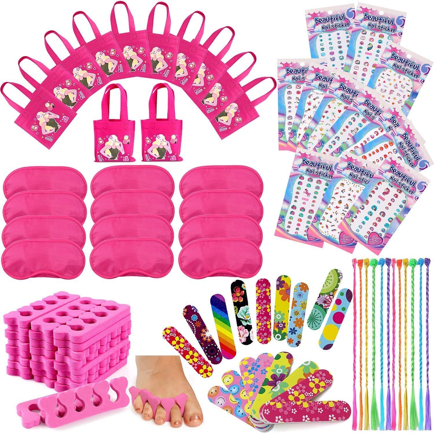 Tacobear 96pcs Spa Party Supplies Pamper Party Bag Fillers, 12 Girls Party Bags, 24 Toe Separators, 24 Emery Boards, 12 Hair Braids, 12 Eye Mask, 12 Unicorn Nail Stickers, Spa Party Favours for Girls