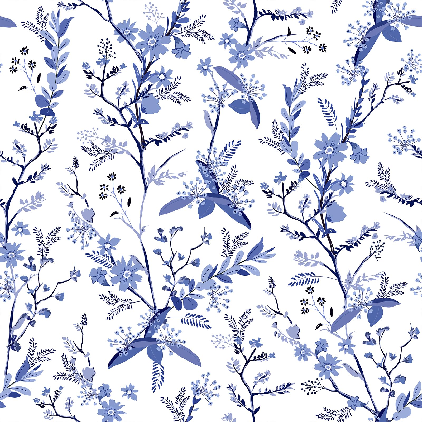VEELIKE Blue Botanical Wallpaper Blue Floral Wallpaper Vintage White Leaf Contact Paper for Furniture Sticky Back Plastic Patterned Wall Paper for Bedroom Art Deco Wall Mural Cabinet 44.5cm×300cm