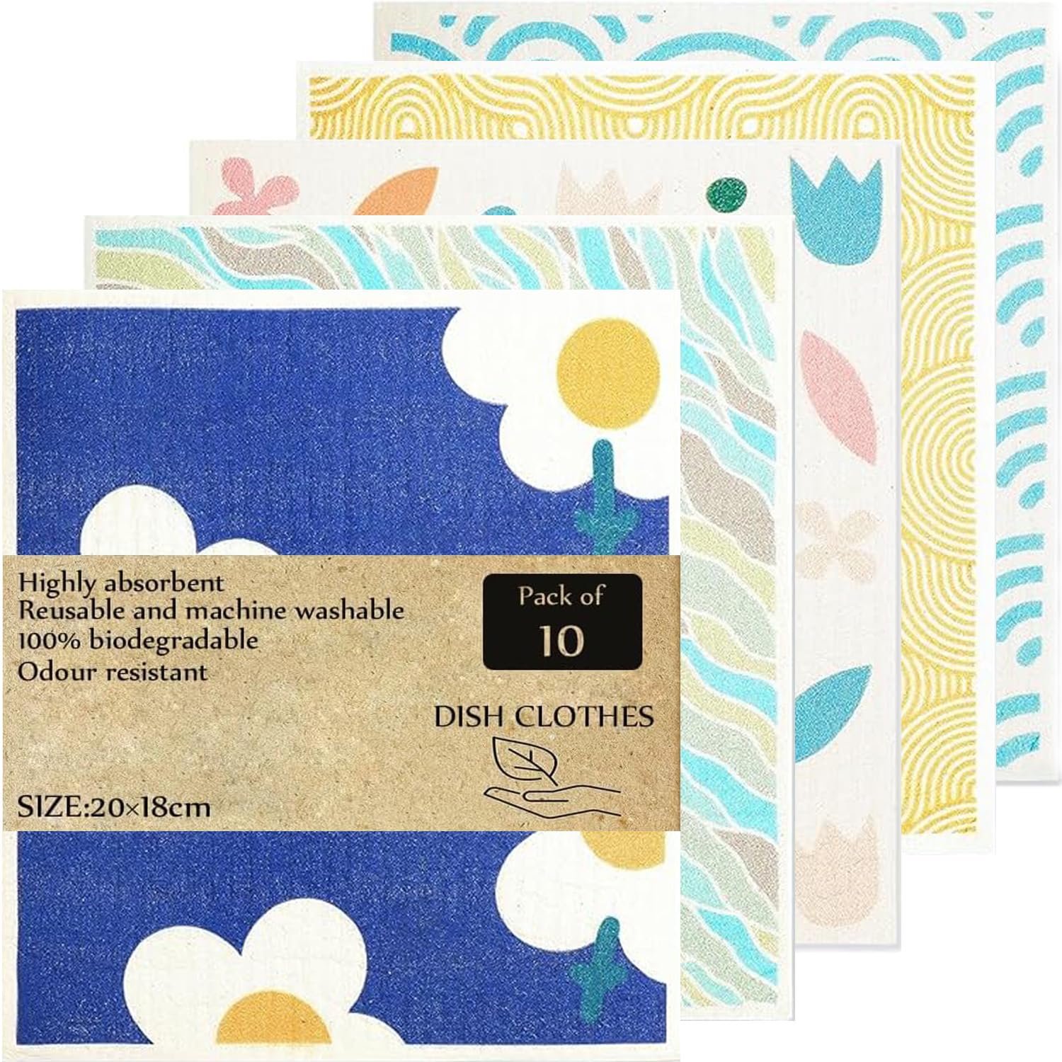 KMAKII Swedish Dishcloth Eco Friendly Reusable Sustainable Biodegradable Cellulose Sponge Cleaning Cloths Paper Towel Replacement Washcloths(10 Pack,Multicolour)