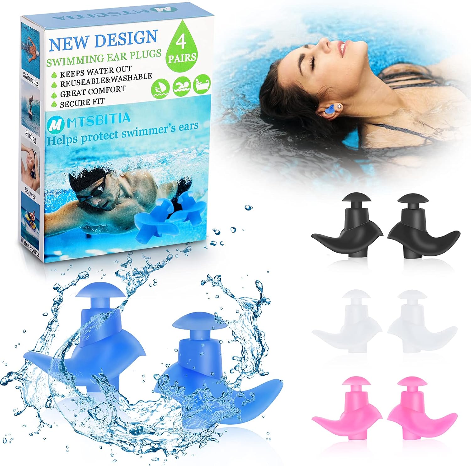 Swimming Ear Plugs, 4 Pairs Reusable Silicone Swimming Ear Plugs for Swimming Showering Bathing Surfing Snorkeling and Other Water Sports, Suitable for Adults and Kids: Health & Personal Care