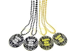 GZYSSL 12 Pcs Happy New Year Beads Necklaces New Year's Eve Black Gold Medallion Pendant Bead Necklaces New Year Party Decorations