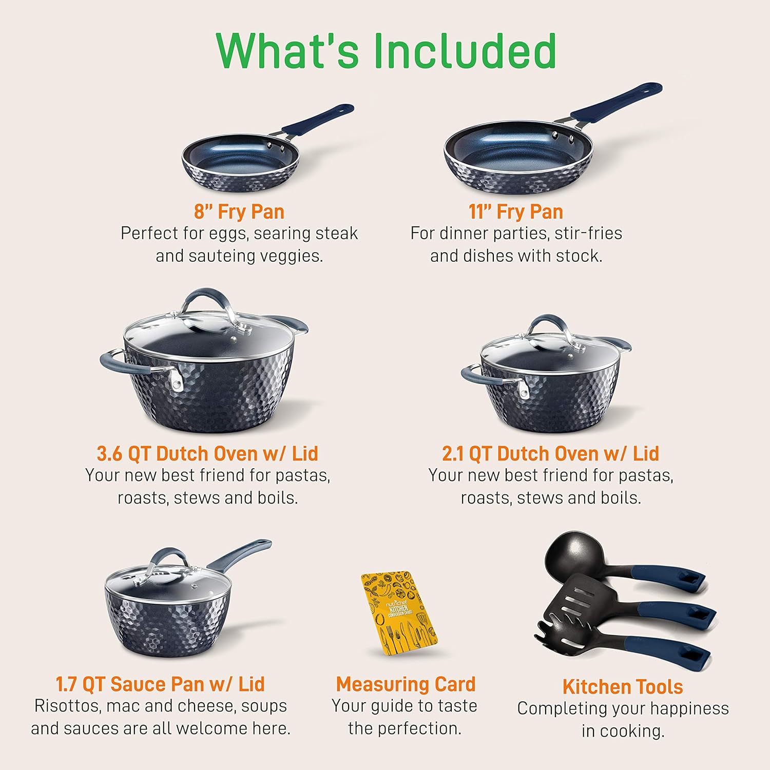 Nutrichef Nonstick Cookware Excilon Home Kitchen Ware Pots & Pan Set with Saucepan Frying Pans, Cooking Pots, Lids, Utensil PTFE/PFOA/PFOS free, 11 Pcs, Blue Diamond: Kitchen & Dining
