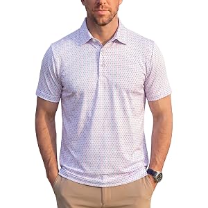 KYKU Mens Print Polo Shirt: Short Sleeve Moisture Wicking Performance Collared Golf Shirts for Men 4-Way Stretch Side Slits